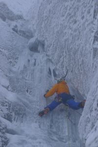 James approaching the crux bulge of Pillar Chimney icefall